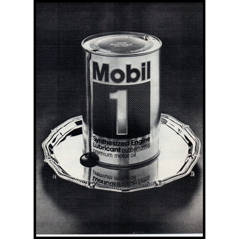 1976 Mobil 1 One Motor Oil Vintage Print Ad Silver Platter Man Cave Wall Art